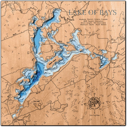 Exquisite wooden map of Lake of Bays in Muskoka District, Ontario Canada with detailed lakebed features.