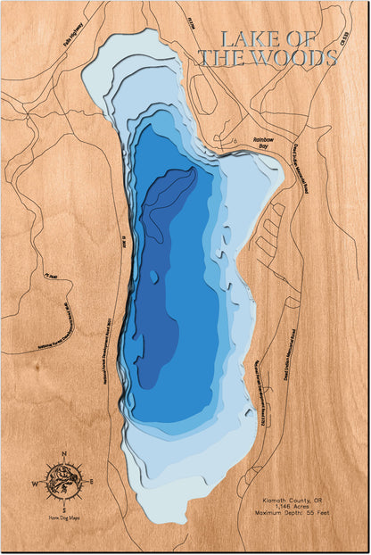 3D wooden lake map of Lake of the Woods in Klamath County, OR, showcasing detailed depth layers and contours.