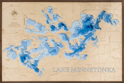 Handcrafted 3D wood map of Lake Minnetonka in Hennepin County, MN, ideal for lake enthusiasts.