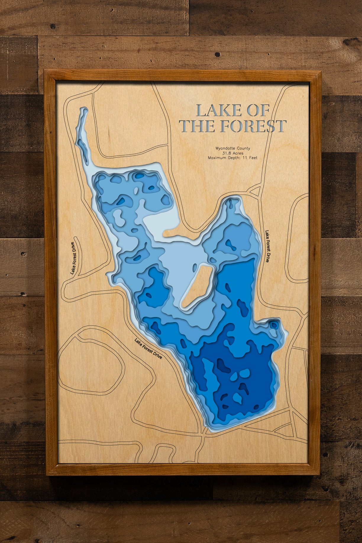 Lake of the Forest in Wyandotte County, KS in stunning 3D wood map design, with detailed topography.