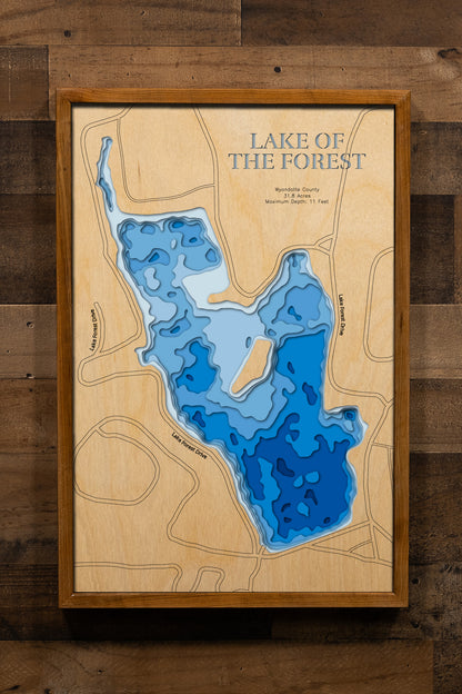 Lake of the Forest in Wyandotte County, KS in stunning 3D wood map design, with detailed topography.