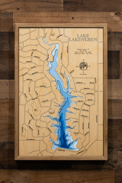 A high-quality 3D laser-cut wooden map of Lake Lakengren in Preble 
County, Ohio. The design features a natural wood top layer 
detailing the 9.5-mile shoreline and a multi-layered blue 
gradient representing the 60-foot depth. This elegant topographic 
art piece is a perfect focal point for home or cabin decor, 
capturing the unique contours of this private Ohio lake 
community in a sophisticated wooden frame.