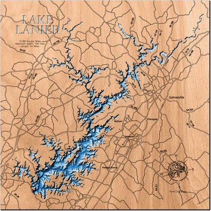 Artisanally carved wooden lake map of Lanier Lake in Georgia, highlighting bathymetry.