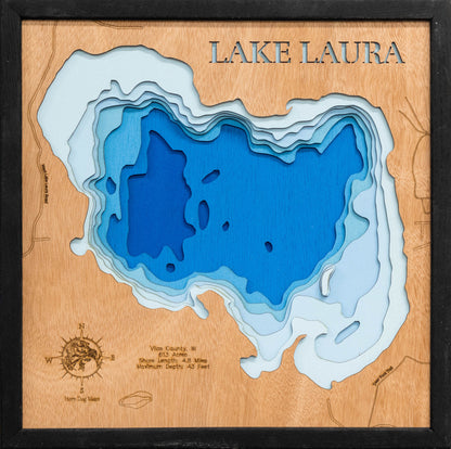 Artisanally carved wooden lake map of Lake Laura in Vilas County, WI, highlighting bathymetry.