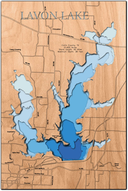 Lavon Lake in Collins County, TX 3D depth map, laser cut from high-quality wood.