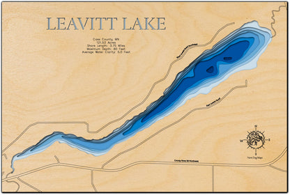 Laser-engraved relief map of Leavitt Lake in Cass County, MN, crafted from wood with high precision.