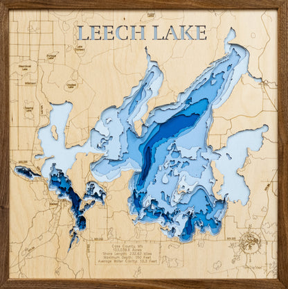 Leech Lake in Cass County Minnesota 3d Lake map with Walnut Frame