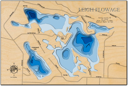 3D wooden lake map of Leigh Flowage in Oconto County, WI, showcasing detailed depth layers and contours.