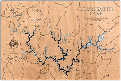 Precision-cut wooden map of Lewis Smith Lake in Cullman, Walker, and Winston Counties, Alabama, perfect for unique decor.