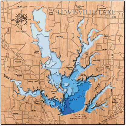 Detailed wooden relief map of Lewisville Lake in Denton County, TX, showcasing its natural beauty.