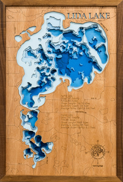 Decorative 3D wooden lake map of Lida Lake in Otter Tail County, MN, crafted with care.