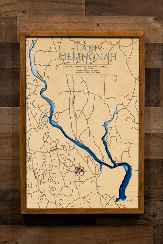 A laser-cut, layered wood map of Lake Lillinonah, Connecticut, illustrating its winding shoreline and forested surroundings in Fairfield, Litchfield, and New Haven Counties.
