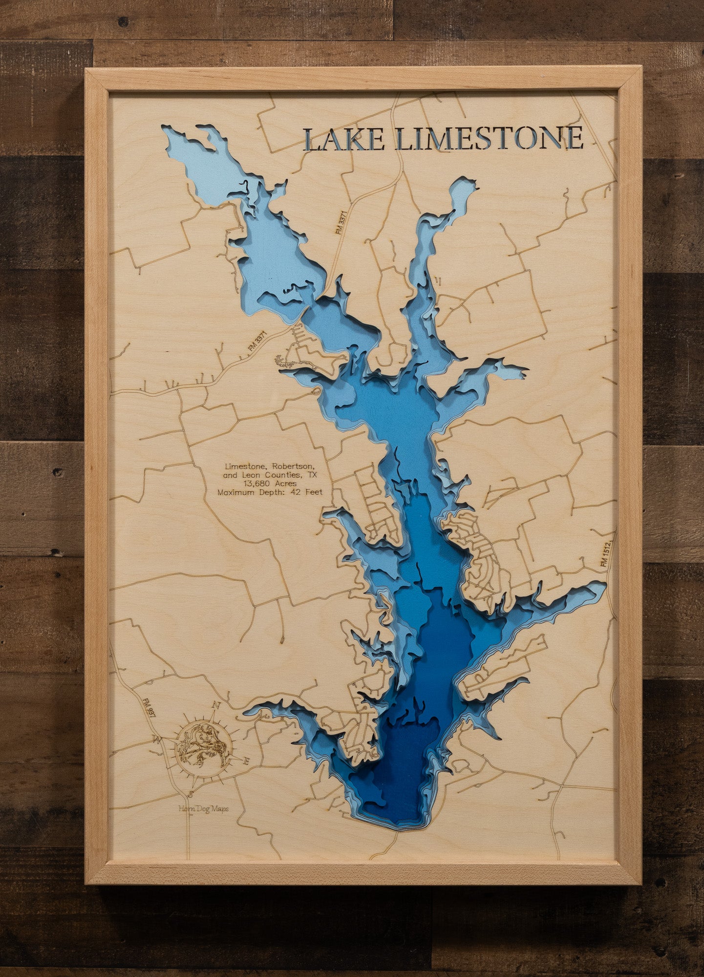 Exquisite wooden map of Lake Limestone in Limestone, Robertson, and Leon Counties, TX with detailed lakebed features.
