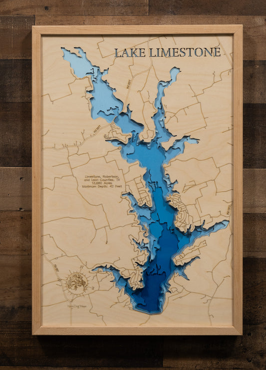Exquisite wooden map of Lake Limestone in Limestone, Robertson, and Leon Counties, TX with detailed lakebed features.