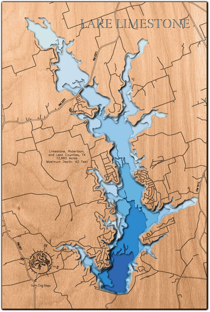 Exquisite wooden map of Lake Limestone in Limestone, Robertson, and Leon Counties, TX with detailed lakebed features.