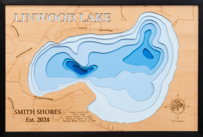 Unique wooden lake map of Linwood Lake in Anoka County, MN, featuring intricate depth details.