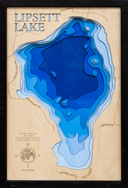 Lipsett Lake in Burnett County, WI custom 3D wood map, perfect for home decor and gifts.