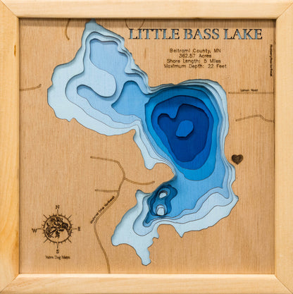 Precision-cut wooden map of Little Bass Lake in Beltrami County, MN, perfect for unique decor.