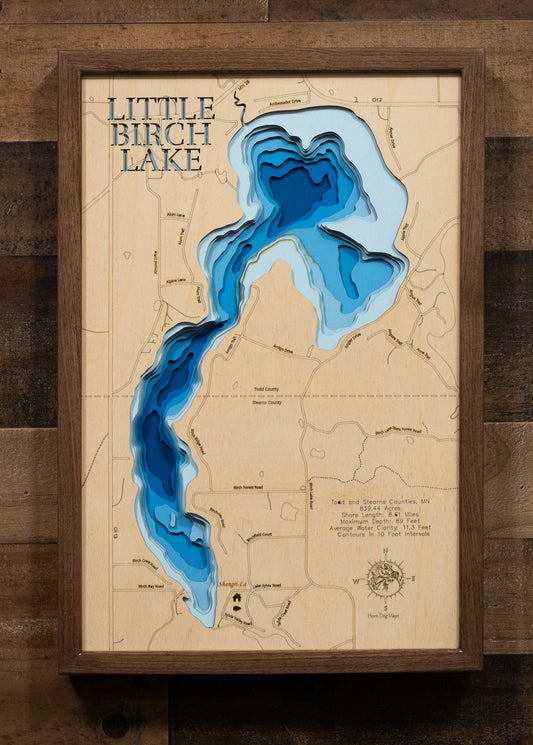 High-definition wooden relief map of Little Birch Lake in Todd County, MN, handmade for durability.