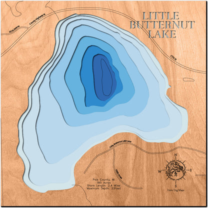 Little Butternut Lake in Polk County, WI engraved wood map, showcasing accurate topographical features.