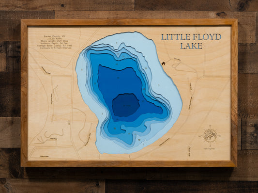 Artisanally carved wooden lake map of Little Floyd Lake in Becker County, MN, highlighting bathymetry.
