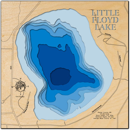 Artisanally carved wooden lake map of Little Floyd Lake in Becker County, MN, highlighting bathymetry.