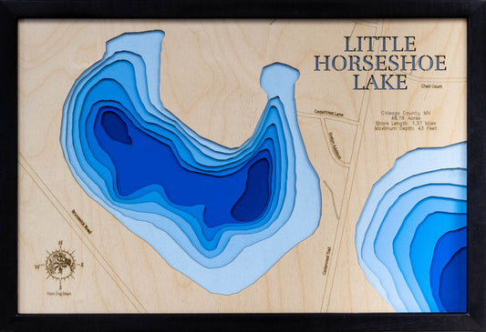 3D wooden lake map of Little Horseshoe Lake in Chisago County, MN, showcasing detailed depth layers and contours.