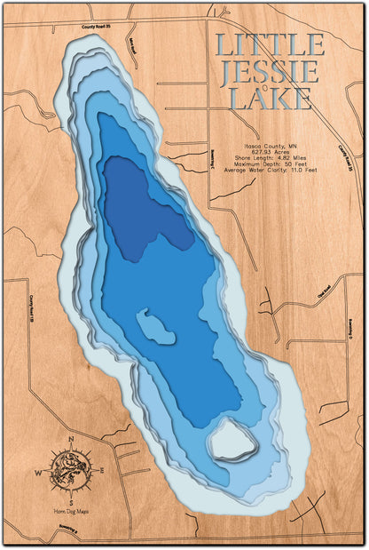 Custom wooden map of Little Jessie Lake in Itasca County, MN with layered depth highlights.