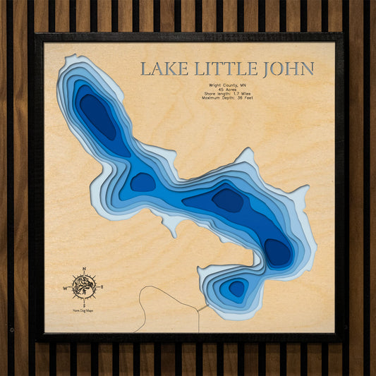 Handcrafted 3D wood map of Lake Little John in Wright County, MN , ideal for lake enthusiasts.