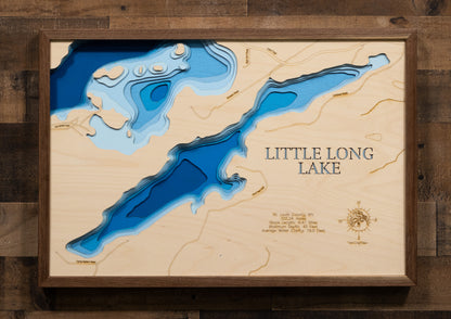 Little Long Lake in St. Louis County, MN in stunning 3D wood map design, with detailed topography.