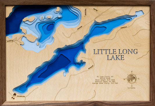 Little Long Lake in St. Louis County, MN in stunning 3D wood map design, with detailed topography.