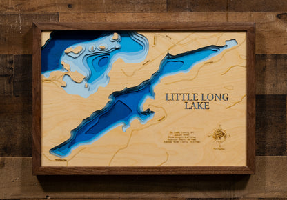Little Long Lake in St. Louis County, MN in stunning 3D wood map design, with detailed topography.