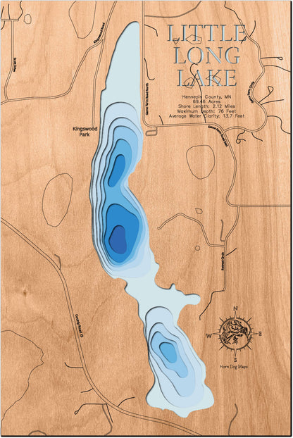 Little Long Lake in Hennepin County, MN in stunning 3D wood map design, with detailed topography.