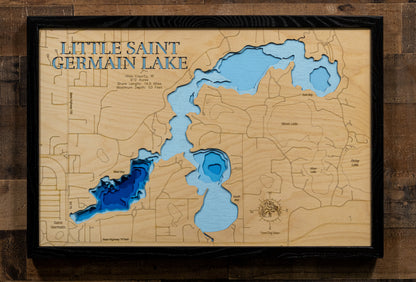 Detailed wooden relief map of Little Saint Germain Lake in Vilas County, WI, showcasing its natural beauty.