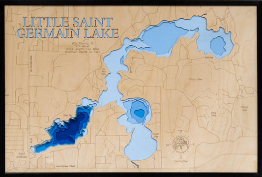 Detailed wooden relief map of Little Saint Germain Lake in Vilas County, WI, showcasing its natural beauty.