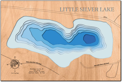 3D wooden lake map of Little Silver Lake in Waushara County, WI, showcasing detailed depth layers and contours.