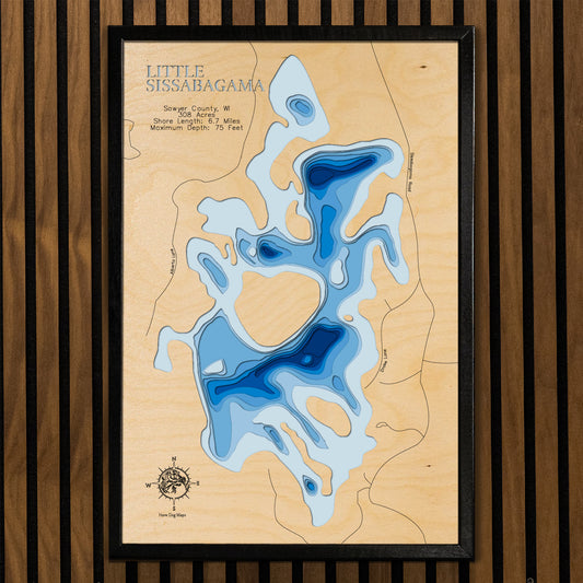 Precision-cut wooden map of Little Sissabagama Lake in Sawyer County, WI, perfect for unique decor.