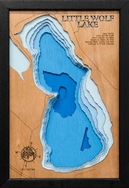 High-definition wooden relief map of Little Wolf Lake in Cass County, MN, handmade for durability.