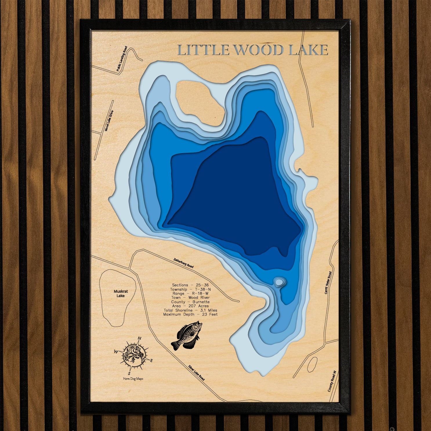 Artisanally carved wooden lake map of Little Wood Lake in Burnett County, WI, highlighting bathymetry.