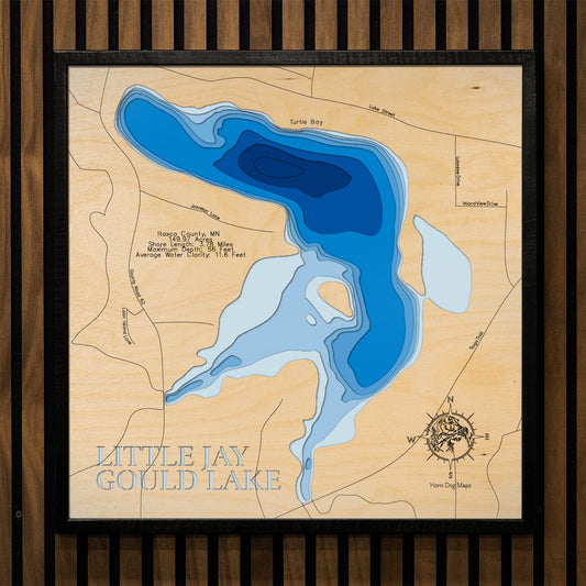 Exquisite wooden map of Little Jay Gould Lake in Itasca County, MN with detailed lakebed features.