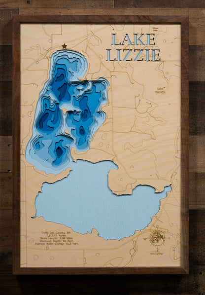 Lake Lizzie in Otter Tail County, MN 3D depth map, laser cut from high-quality wood.