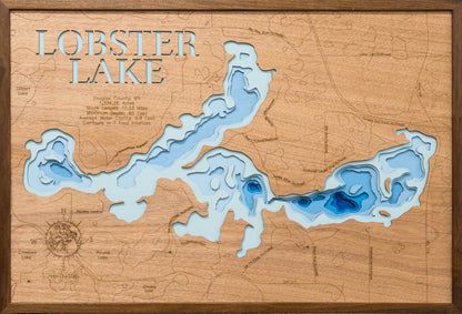 Detailed wooden relief map of Lobster Lake in Douglas County, MN, showcasing its natural beauty.