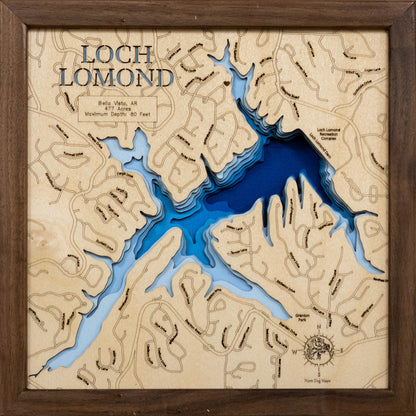 Precision-cut wooden map of Loch Lomond in Bella Vista, Arkansas, perfect for unique decor.