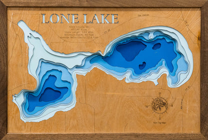 Lone Lake in Aitkin County, MN in stunning 3D wood map design, with detailed topography.