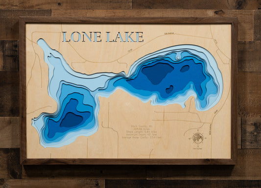 Lone Lake in Aitkin County, MN in stunning 3D wood map design, with detailed topography.