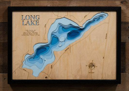 A custom-engraved, laser-cut wooden lake map of Long Lake in Aitkin County, Minnesota, featuring its deep basin and intricate shoreline. The map showcases the lake's exceptional depth and clear water with a dark blue stain. Meticulously etched details include the unique lake shape, its shore length, and maximum depth, providing a detailed and beautiful representation of this popular Minnesota lake.