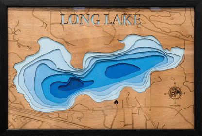 Precision-cut wooden map of Long Lake in Hennepin County, MN, perfect for unique decor.