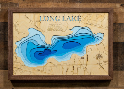 Precision-cut wooden map of Long Lake in Hennepin County, MN, perfect for unique decor.