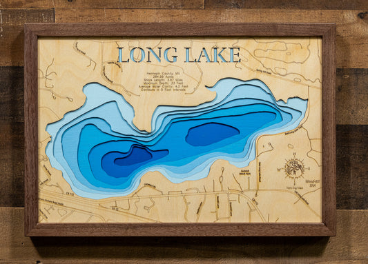 Precision-cut wooden map of Long Lake in Hennepin County, MN, perfect for unique decor.