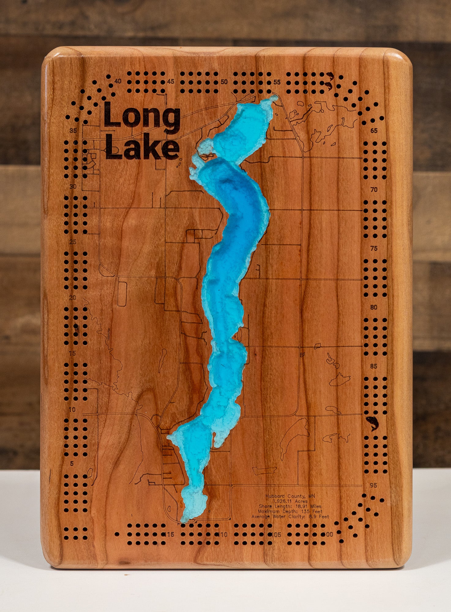 Handcrafted 3D wood map of Long Lake in Hubbard County, MN, ideal for lake enthusiasts.